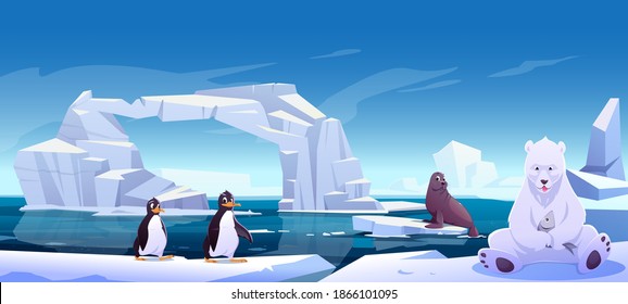 Wilde Tiere, die auf Eisschollen im Meer sitzen, Weißbär, der Fische, Pinguine und Robben hält. Bewohner der Antarktis oder des Nordpol im Außenbereich, Ozean. Tiere in der Naturfauna, Cartoon, Vektorgrafik