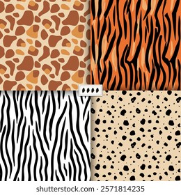 Wild animals skin seamless patterns. Giraffe, tiger, cheetah, zebra stripes. Hand drawn exotic animal skin background