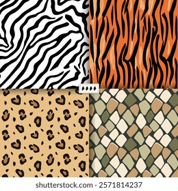 Wild animals skin seamless patterns. Tiger, leopard, zebra stripes, snake. Hand drawn exotic animal skin background