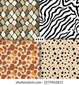 Wild animals skin seamless patterns. Giraffe, snake, cheetah, zebra stripes. Hand drawn exotic animal skin background