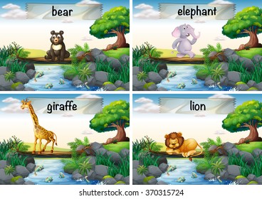 Wild animals standing of the bridge illustration