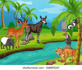 Wild animals standing by the river illustration