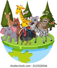 Animales salvajes parados en la ilustración del planeta Tierra
