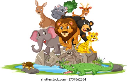 Wild animals standing on stone cartoon character on white background illustration