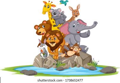 Wild animals standing on stone cartoon character on white background illustration