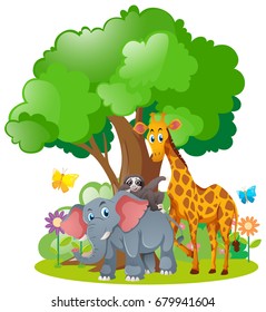 Wildtiere, die unter der Baumgrafik stehen