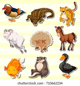 Wild animals in sticker set illustration