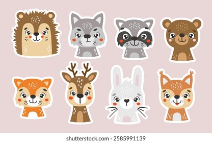 Wild animals Stickers, cute forest animals, kids vector cartoon