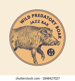 Wild animals stickers in vintage style. Forest Boar. Retro monochrome badge or label. Northern European Beasts. Hand drawn sketch.