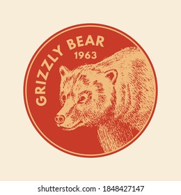 Wild animals stickers in vintage style. Forest Brown grizzly bear. Retro monochrome badge or label. Northern European Beasts. Hand drawn sketch.