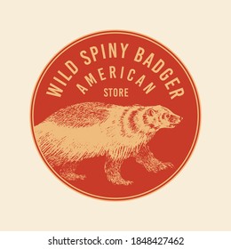 Wild animals stickers in vintage style. Forest Deer Beaver Elk Wolf Bear Fox Marten Badger Boar Hare. Retro monochrome badge or label. Northern European Beasts. Hand drawn sketch.