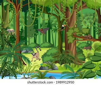 Wild animals with stream flowing through the forest scene illustration