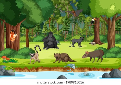 Wild animals with stream flowing through the forest scene illustration