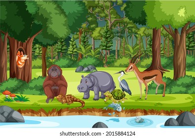 Wild animals with stream flowing through the forest scene illustration