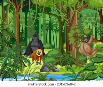 Wild animals with stream flowing through the forest scene illustration