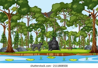 Wild animals with stream flowing through the forest scene illustration
