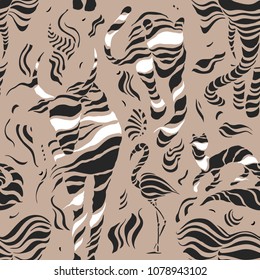 Wild animals. Stylized wild animals. Tiger, Bison, bull, flamingo
