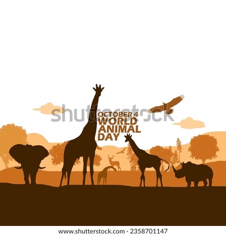 Wild animals such as giraffes, elephant, rhinos, deer, eagles, trees, hills and bold text to commemorate World Animal Day on October 4