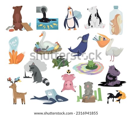 Wild animals suffering from nature pollution set. Plastic rubbish, pollution of water, deforestation, nuclear waste, climate change. Global environmental problems cartoon