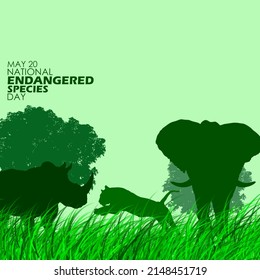 Wild animals that are in the meadows such as elephant, rhino and tiger with trees behind them and bold texts, National Endangered Species Day May 20