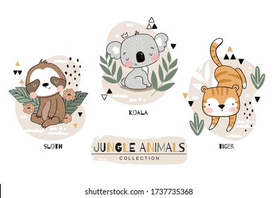 Wild animals tiger koala sloth character. Jungle animals cute icon design. Hand drawn cartoon illustration. Surface design.
