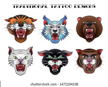 Wild Animals Traditional Tattoo Designs, Tiger, Panther, Snow Leopard, Wild Cat, Bear