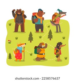 Wild Animals Traveling and Hiking Walking with Backpack Vector Set