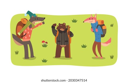 Wild Animals Travelling and Hiking Set, Wolf, Bear, Fox Animal Characters Camping on Summer Vacation Vector Illustration