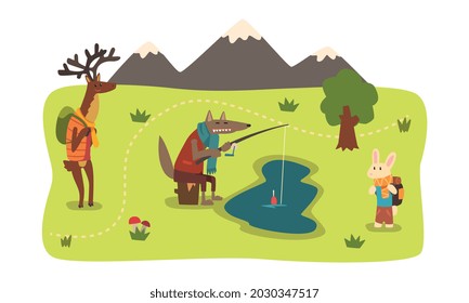 Wild Animals Travelling Set, Rabbit, Deer, Wolf Characters Camping, Hiking and Fishing Vector Illustration