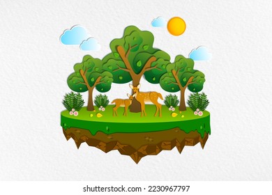 Wild animals, The tree with deers that conveys environmental conservation, Air island with forest and wildlife ecology paper art style, Sustainable of ecosystem go green and Save the planet day.