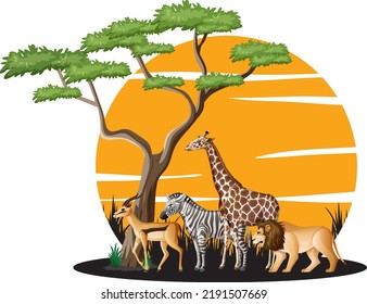 Wild animals with a tree illustration