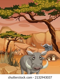 Wild Animals In Tropical Grassland  Illustration