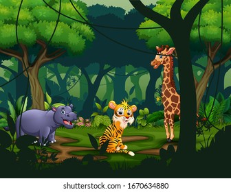 Wild animals in a tropical jungle rainforest background