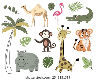 Animais selvagens e folhas tropicais. Girafa africana, crocodilo, tigre, camelo, hipopótamo. Conjunto de selva desenhado à mão.