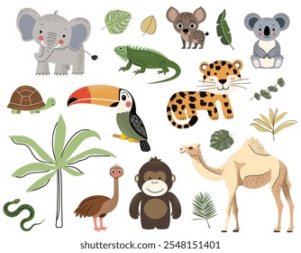 Animais selvagens e folhas tropicais. Elefante, tartaruga, tucano, hiena, macaco, leopardo, camelo. Safári desenhado à mão.