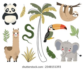 Animais selvagens e folhas tropicais. Panda, elefante, preguiça, tucano, lhama. Selva desenhada à mão e safári.