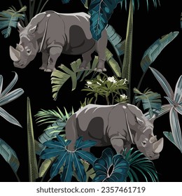 Wild animals tropical pattern. Rhino, Monstera seamless pattern. Seamless pattern with exotic trees and animals. Hawaiian t-shirts illustration.