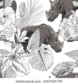 Wild animals tropical pattern. Rhino, Monstera seamless pattern. Seamless pattern with exotic trees and animals. Hawaiian t-shirts illustration.