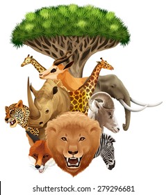 Animales salvajes bajo un árbol de fondo blanco