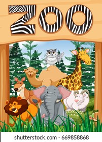 Wild animals under zoo sign illustration