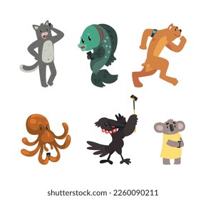 Wild Animals Using Modern Gadgets and Mobile Device Vector Set