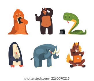 Wild Animals Using Modern Gadgets and Mobile Device Vector Set