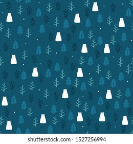 Wild animals vector seamless pattern with polar bear in the forest. Retro style background, cute vintage template for wrapping paper, web design, patchwork, sewing or sheet fabric