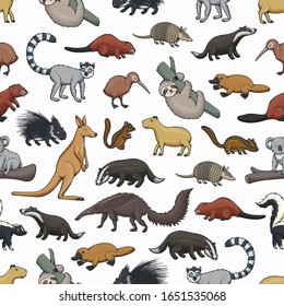 Wildtiere Vektorillustration nahtlose Muster von Zoo- oder Jagdsäugetieren und -vögeln. Tierhintergrund Kängurus, Platypus, Kiwi und Koala auf Ast, Badger, Biber, Lemur und Schweine, Capybara, Skunk
