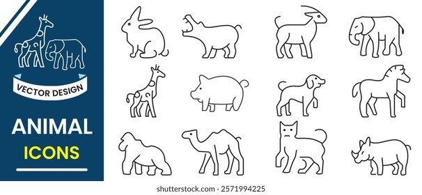 Wild animals vector set collection. Animal line icon set. Forest animal, Lion, giraffe, elephant, pig, rabbit, zebra, camel, dog, rhino vector illustration.