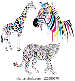 Wild animals vector set with giraffe, zebra and leopard in cmyk-concept style