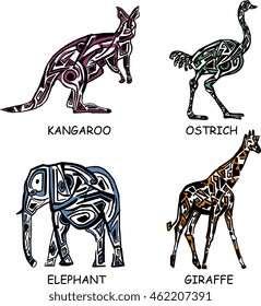 Wild animals vector set giraffe, elephant, kangaroo, ostrich.
