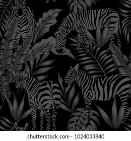 Wild animals vector zebra pattern print tropical leaves in black style seamless pattern vintage beach party night poster flyer design