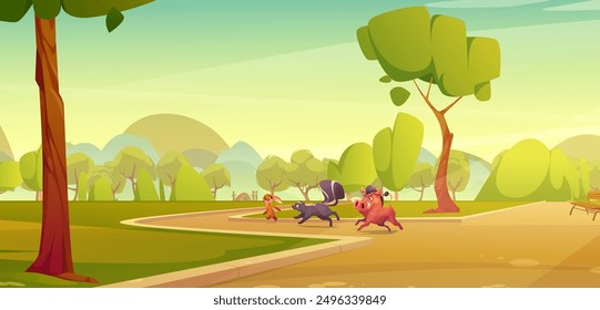 Wild animals walking in city park on summer sunny day with camping on horizon. Cartoon vector illustration of boar, hare and skunk friends running on pathway of town garden or forest.