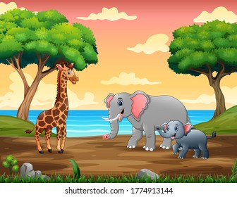 Wild animals walking on the riverside